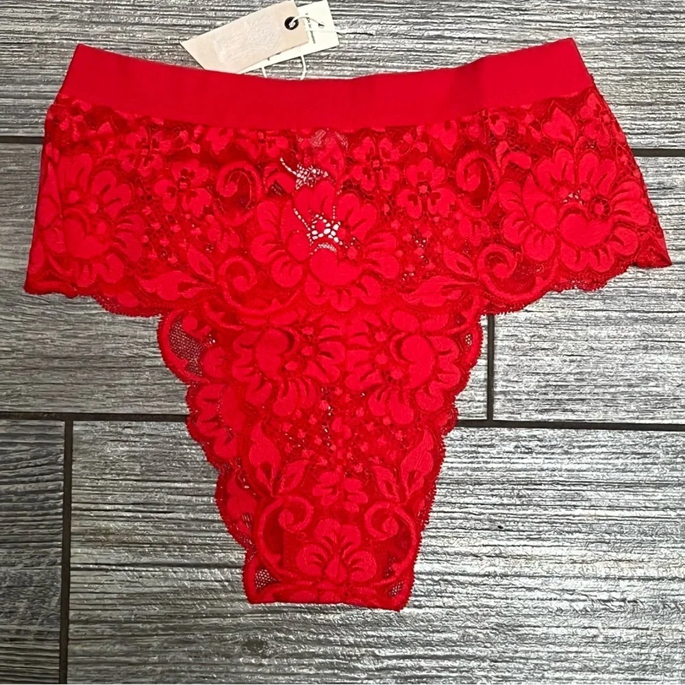 NWT $58 Free People X HAH Spin Me Panties XS Siren Red Lace X-Small High Rise